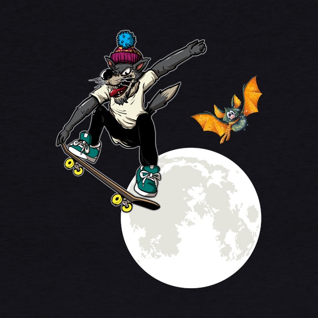 Skateboarding Wolf Over the Moon Bat by letnothingstopyou